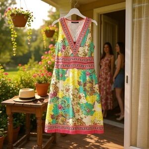 100% Silk Multicolor Floral Midi Dress. Size 10